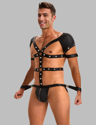 a man wearing a leather harness